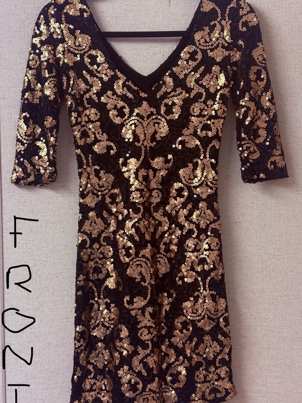Dynamite Black & Bronze Sequin Damask Mini Dress ✨ XS